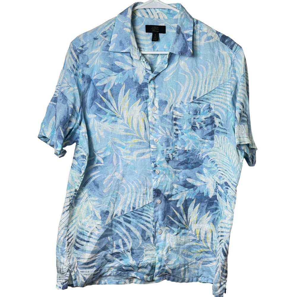Club Room Button Down Women M‎ Blue Linen Tropical Floral Short Sleeve Shirt